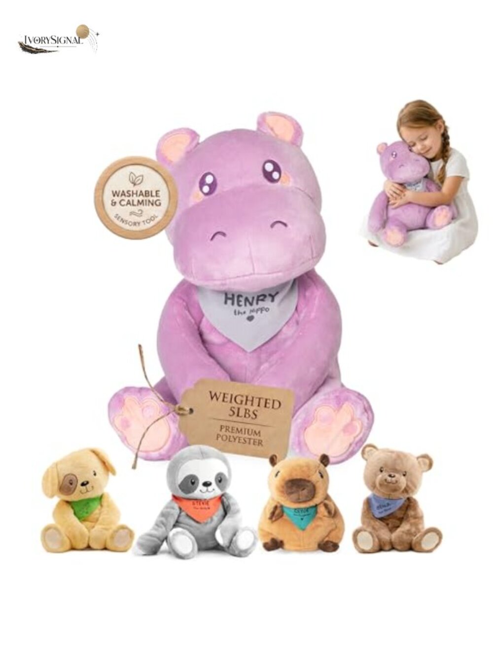 Weighted Hippo Stuffed Animal 5lb Removable Insert Washable Plush